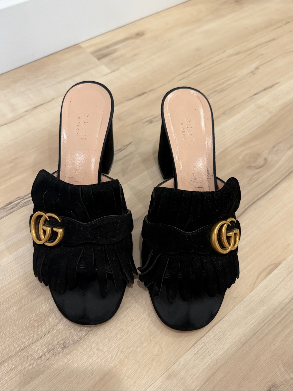 Gucci Black Suede Fringe Mule with Gold Double G